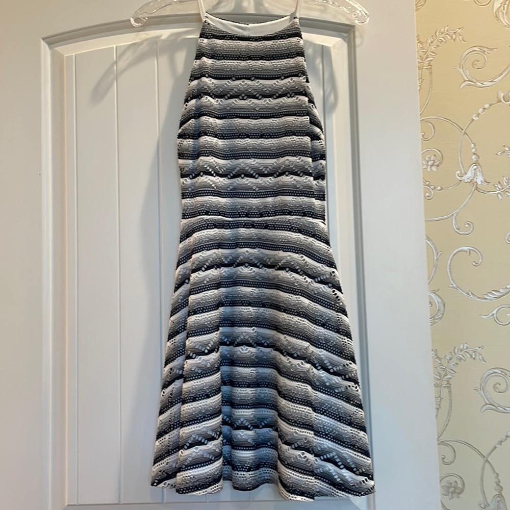 Aqua A-line dress. Dark navy and white stripe
